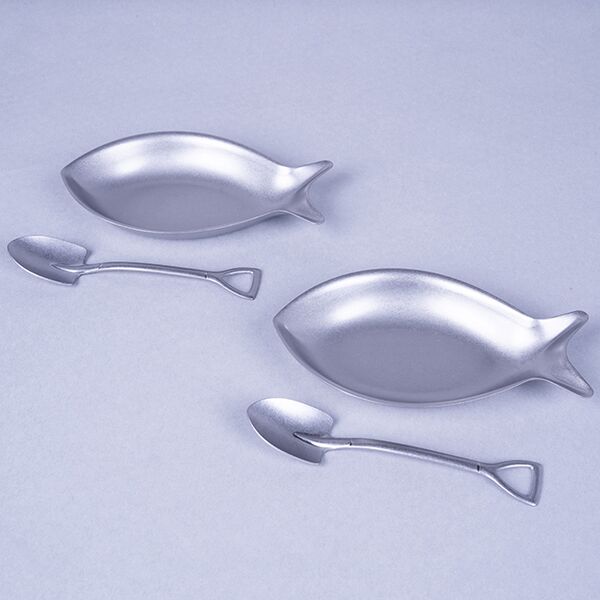 AOYOSHI JAPAN Tableware fish plate 160mm + shovel spoon set-vintage silver